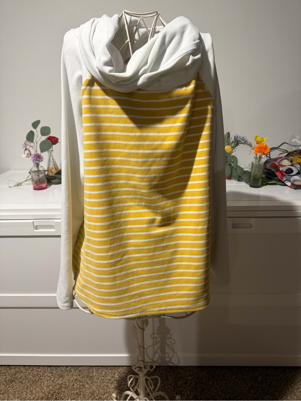 Doublju White Sleeve Yellow Striped Cowl Neck Sweatshirt